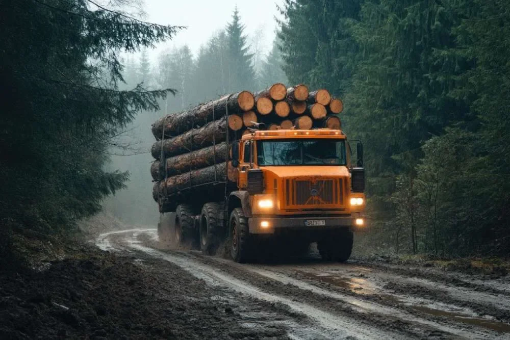 Lastbil med timmertransport på skogsväg